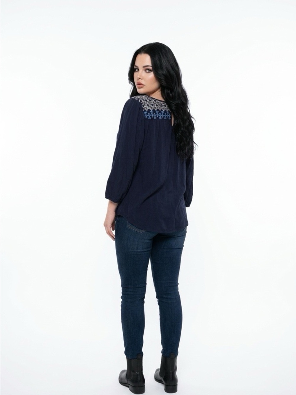 Lucky Brand Navy Blue Embroidered Peasant Blouse - Picture 4 of 8